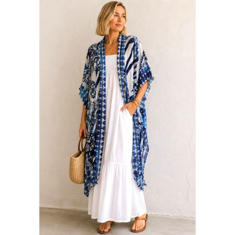 New NWT Chico's S/M Calm Blue Knit Filigree Burnout Goddess Long Ruana Jacket